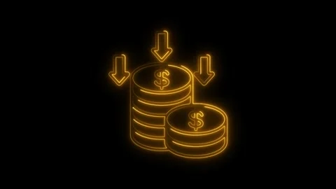 Glowing neon dollar coins stack with downward arrows symbolizing financial .. Stock Footage 314708911