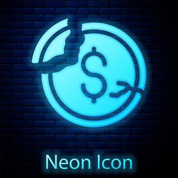 Glowing neon Dollar rate decrease icon isolated on brick wall background. Cost イラスト素材