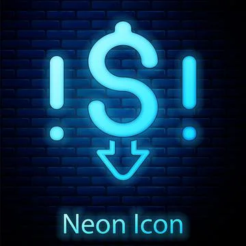 Glowing neon Dollar rate decrease icon isolated on brick wall background. Cost Illustrazione stock
