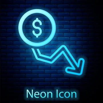 Glowing neon Dollar rate decrease icon isolated on brick wall background. Cost Stock Illustration