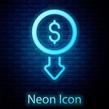 Glowing neon Dollar rate decrease icon isolated on brick wall background. Cost Stock Illustration