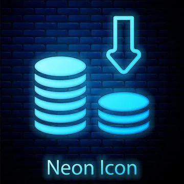 Glowing neon Dollar rate decrease icon isolated on brick wall background. Cost 库存插图