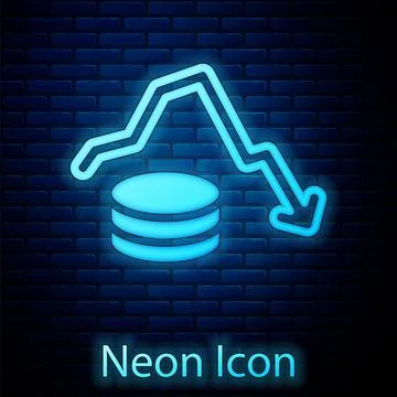 Glowing neon Dollar rate decrease icon isolated on brick wall background. Cost Illustrazione stock