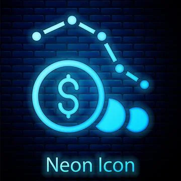 Glowing neon Dollar rate decrease icon isolated on brick wall background. Cost 库存插图