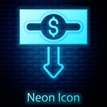 Glowing neon Dollar rate decrease icon isolated on brick wall background. Cost 库存插图