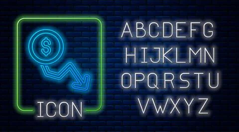Glowing neon Dollar rate decrease icon isolated on brick wall background. Cost Stock Illustration