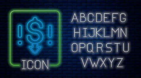 Glowing neon Dollar rate decrease icon isolated on brick wall background. Cost Illustrazione stock