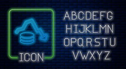 Glowing neon Dollar rate decrease icon isolated on brick wall background. Cos Illustrazione stock