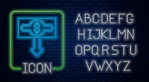 Glowing neon Dollar rate decrease icon isolated on brick wall background. C.. Illustrazione stock