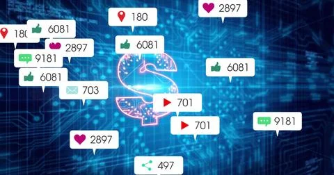Glowing neon dollar sign hovering over circuit grid, displaying floating social 스톡 일러스트