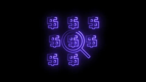 Glowing neon dollar signs under magnifying glass on black background economy and Stock Footage 322957951