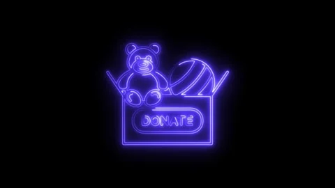 Glowing neon donation box animation with teddy bear and toy ball in a black.. Stock Footage 308215388