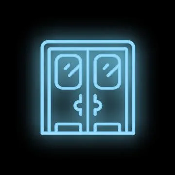 Glowing neon double door with windows sign on a black background Ilustración de archivo