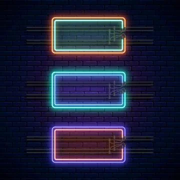 Glowing neon double rectangular frames on dark brick wall background. Neon li Stock Illustration