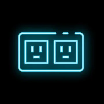 Glowing neon double socket outlet icon on a black wall Illustrazione stock