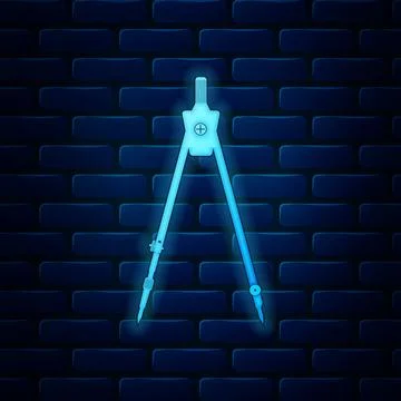 Glowing neon Drawing compass icon isolated on brick wall background. Compasses Stock Illustration