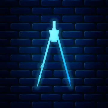 Glowing neon Drawing compass icon isolated on brick wall background. Compasses Stock Illustration