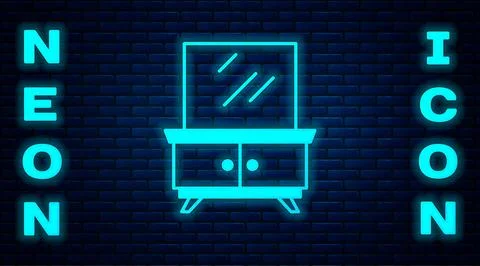 Glowing neon Dressing table icon isolated on brick wall background.  Vector Stock Illustration