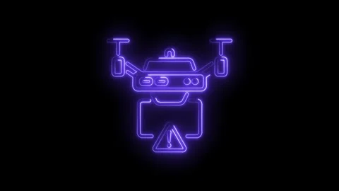 Glowing neon drone with warning sign animation on black background for Stock Footage 330774724