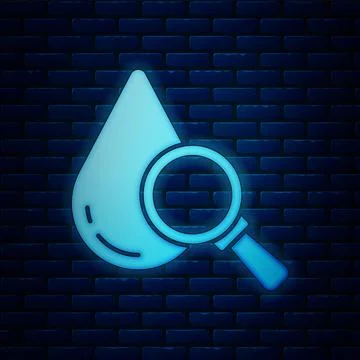 Glowing neon Drop and magnifying glass icon isolated on brick wall background Stock Illustration