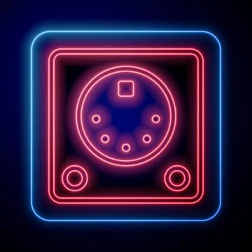 Glowing neon Drum machine icon isolated on black background. Musical equipmen Illustrazione stock