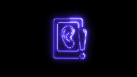 Glowing neon ear hearing loss warning alert on black background Stock Footage 308178702