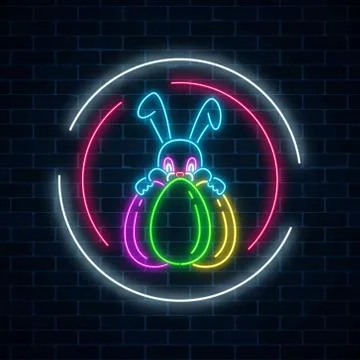 Glowing neon easter bunny with eggs sign in circle frames on dark brick wall  Stock Illustration