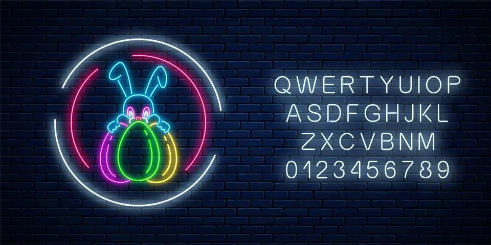 Glowing neon easter bunny with eggs sign in circle frames with alphabet. Nigh Stock Illustration