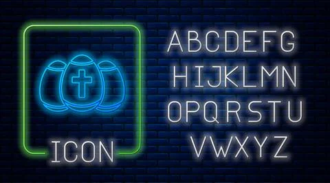 Glowing neon Easter egg icon isolated on brick wall background. Happy Easter 스톡 일러스트