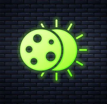 Glowing neon Eclipse of the sun icon isolated on brick wall background. Total Ilustração Stock