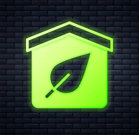 Glowing neon Eco friendly house icon isolated on brick wall background. Eco Ilustración de archivo