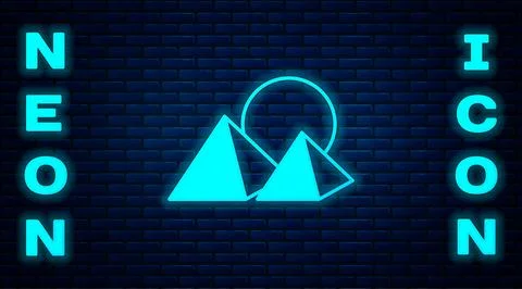 Glowing neon Egypt pyramids icon isolated on brick wall background. Symbol .. Stock Illustration