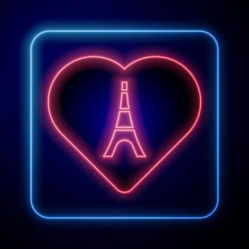 Glowing neon Eiffel tower with heart icon isolated on black background. Fra.. 스톡 일러스트