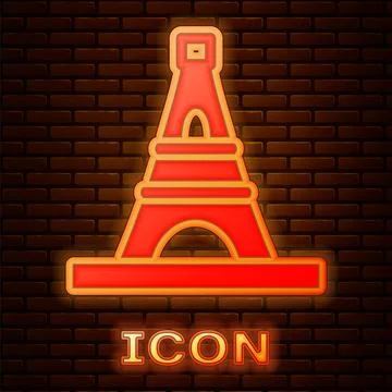 Glowing neon Eiffel tower icon isolated on brick wall background. France Pari イラスト素材