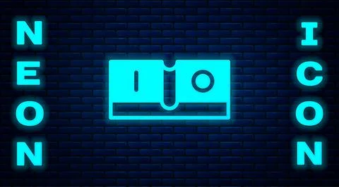 Glowing neon Electric light switch icon isolated on brick wall background. On Stock Illustration
