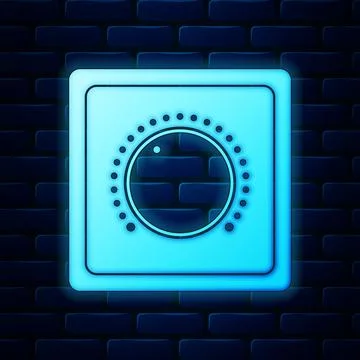 Glowing neon Electric light switch icon isolated on brick wall background. On Stock Illustration