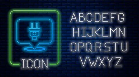 Glowing neon Electric plug icon isolated on brick wall background. Concept .. イラスト素材