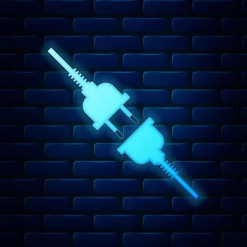 Glowing neon Electric wire plug and socket icon isolated on brick wall イラスト素材