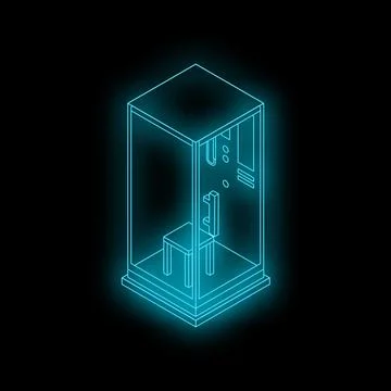 Glowing neon elevator with chair moving upwards in isometric view 스톡 일러스트