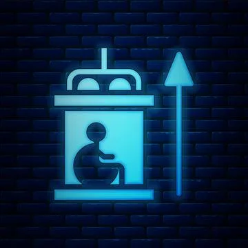 Glowing neon Elevator for disabled icon isolated on brick wall background Stock Illustration