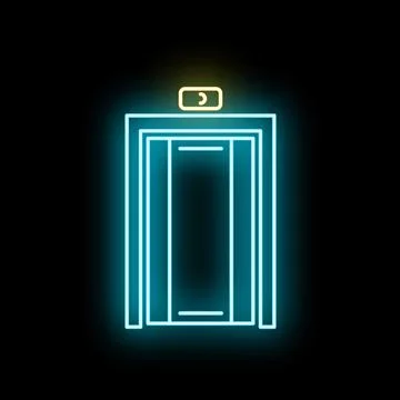 Glowing neon elevator door icon showing upward direction Stock Illustration