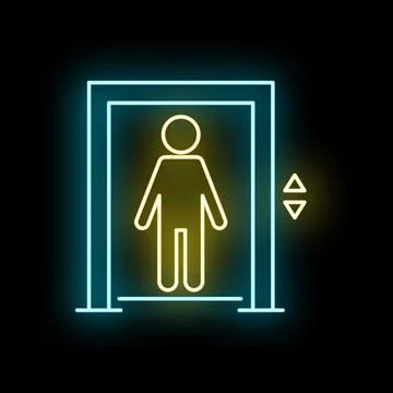 Glowing neon elevator icon showing a person Stock Illustration