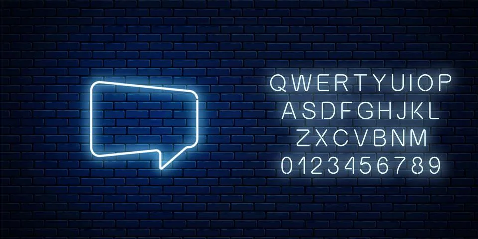 Glowing neon empty speech bubble frame with alphabet. Trapezoid blank speech  Stock Illustration