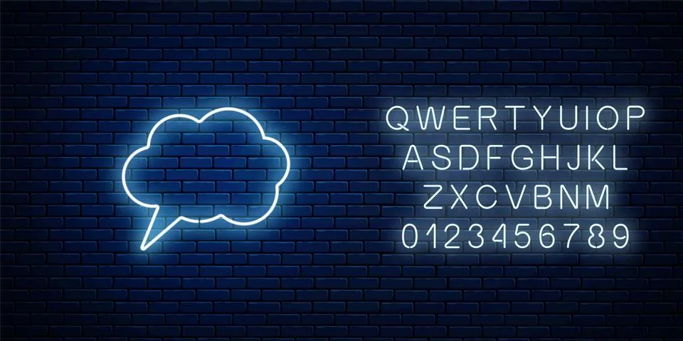 Glowing neon empty speech bubble frame with alphabet. Cloud blank speech bubb Stock Illustration