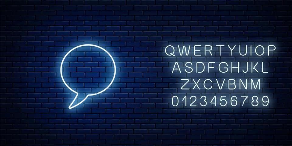 Glowing neon empty speech bubble frame with alphabet. Circle blank speech bub Stock Illustration