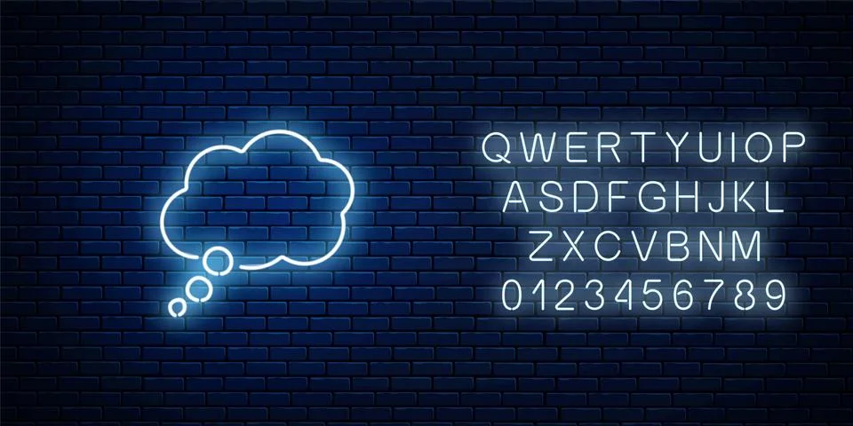 Glowing neon empty thought bubble frame with alphabet. Cloud blank speech bub Stock Illustration