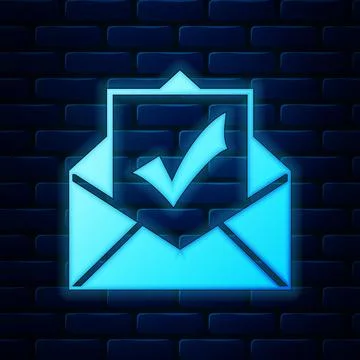 Glowing neon Envelope with document and check mark icon on brick wall background Illustrazione stock