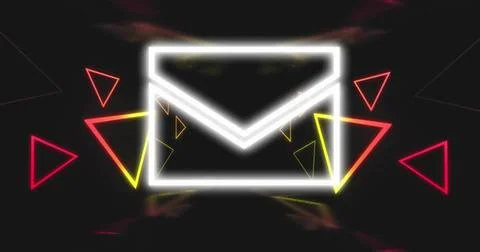 Glowing neon envelope icon pulsing on deep black background, showing red pink Stock Illustration