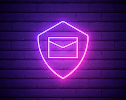 Glowing neon Envelope with shield icon isolated on brick wall background. Ins Stock Illustration
