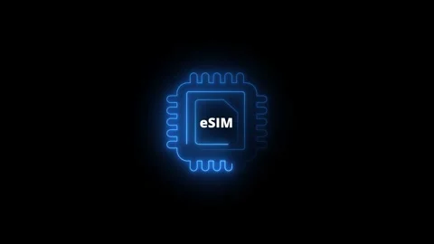 Glowing neon eSIM card icon concept animation. Neon blue network chip elect.. Stock Footage 340601331